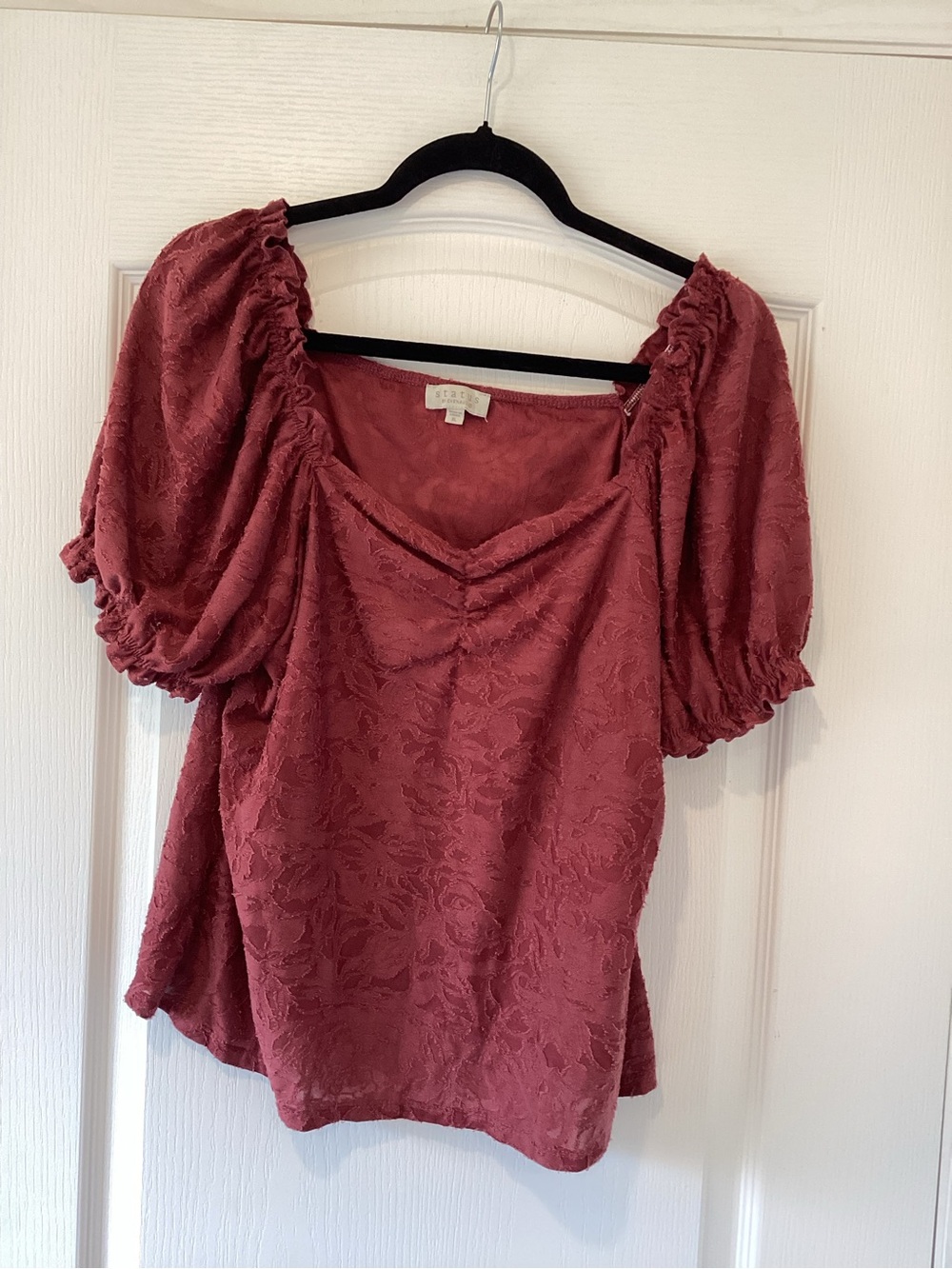 Status by Chennault Puff-Sleeve Jacquard Blouse in Dusty Rose XL EUC